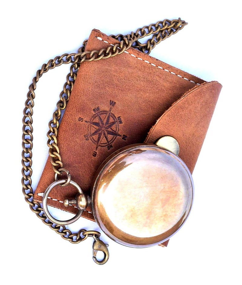 THOR INSTRUMENTS Handmade Nautical Brass Push Open Compass On Chain with Leather Case Pocket Compass Gift Compasses Rustic Vintage Home Decor Gifts - Image 3